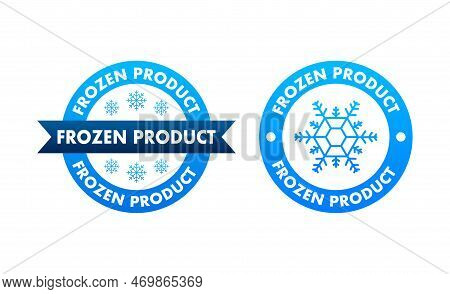 Blue Frozen Product And Snowflake Icon, Label. Fresh Frozen. Food Logo. Vector Stock Illustration.