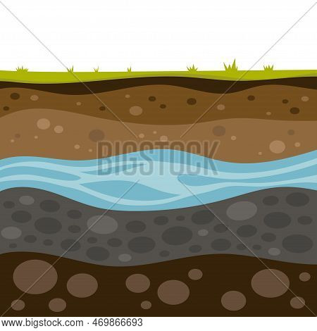 Vector Illustration Of Layers Of Soil, Geological Layers Of Earth, Groundwater, Gravel, Loam, Clay, 