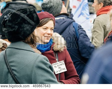 Strasbourg, France - 31 January 2023: Portrait Of Real Smiling French Woman At Second Demonstration 