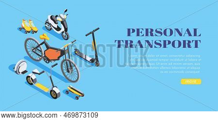 Isometric Personal Transport Bike Scooter Monocycle Skateboard Roller Skates On Blue Background 3d V