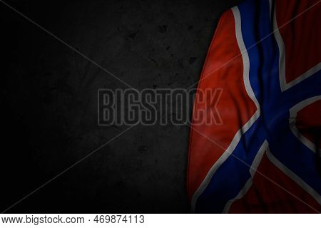 Beautiful Dark Photo Of Novorossia Flag With Large Folds On Black Stone With Empty Place For Text - 