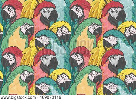 Bright And Colorful Seamless Pattern Of Green, Blue, Yellow, And Red Parrots. Can Be Used As A Texti