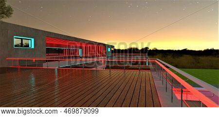 Amazing View From The Rooftop Of The Upscale Club Hotel In The Village In The Early Morning. Red Ill