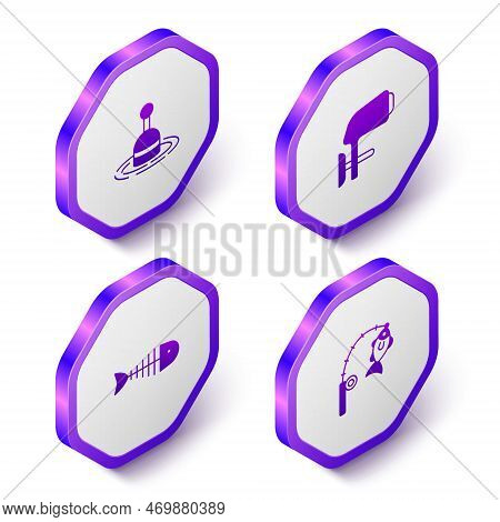 Set Isometric Fishing Float In Water, Outboard Boat Motor, Skeleton And Rod And Fish Icon. Purple He