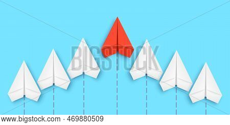Realistic Paper Planes Flying In One Direction. Red Plane Leader Leads Group. Going Out Of Line, Inn