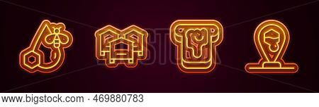 Set Line Bee And Honeycomb, Hive For Bees, Bread With And Honeycomb Location. Glowing Neon Icon. Vec