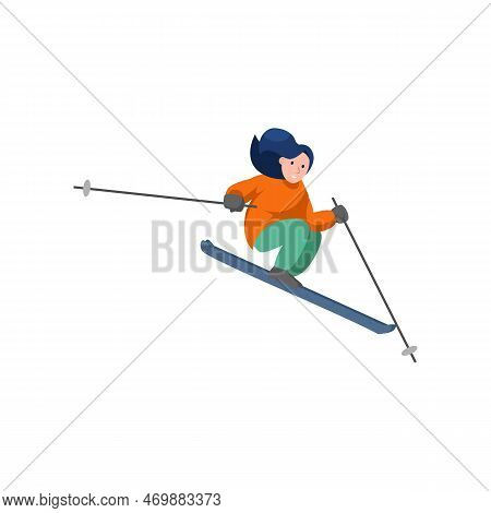 Active Woman Skiing. Female Character With Skiing Equipment Skiing, Sliding, Jumping Cartoon Vector 