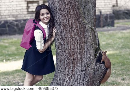 Happy Small Kid In Uniform With School Backpack Resarch Squirrel Climbing Tree In Park, Zoology.