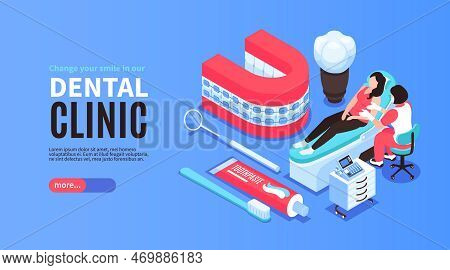 Isometric Dantist Horizontal Banner With Editable Text More Button And Dentists Equipment Icons With