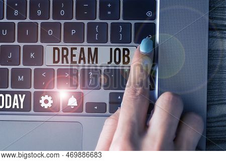 Sign Displaying Dream Job. Word Written On An Act That Is Paid Of By Salary And Giving You Hapiness