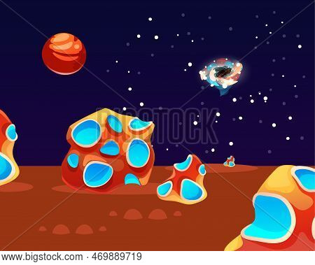 Space Planet Landscape, Vector Cosmic Game Background, Alien Fantasy Asteroid Surface, Stars. Futuri