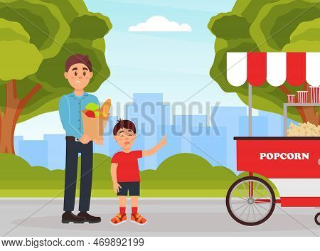 Naughty Boy Demanding Popcorn From His Dad While They Walking In Park. Parenting Problems Cartoon Ve
