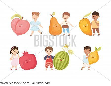 Happy Kids Having Fun With Big Fruit With Cheerful Faces Vector Set