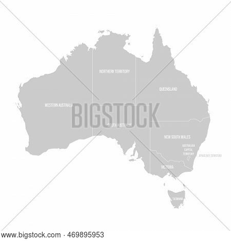 Australia Political Map Of Administrative Divisions - States And Teritorries. Solid Light Gray Map W