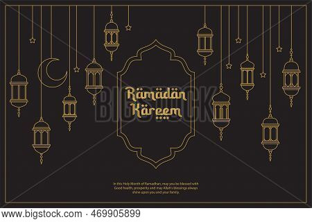 Ramadan Kareem, Vector Celebration Of Holy Month Of Ramadan Line Art Style With Hanging Lantern For 