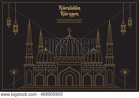Ramadan Kareem, Vector Celebration Of Holy Month Of Ramadan Line Art Style With Hanging Lantern For 