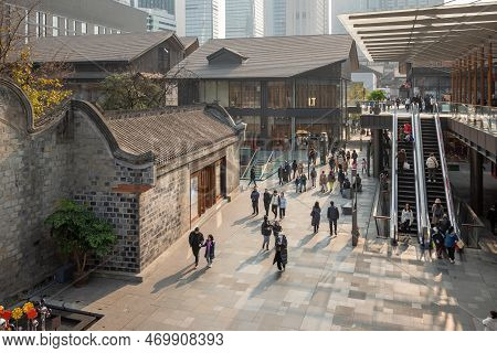 Chengdu, Sichuan Province, China - Jan 30, 2023: People Walking In Sino-ocean Taikoo Li, A Landmark 