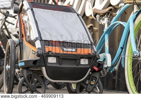 Saint Petersburg, Russia - June 30, 2022: The Thule Bicycle Trailer