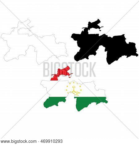 Map Tajikistan On White Background. Tajikistan Map Outline. Tajikistan Vector Map With The Flag Insi
