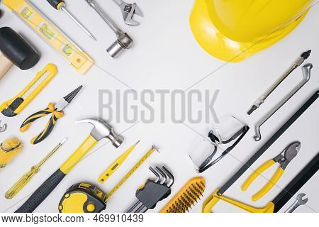 Top View Flat Lay Construction Tools  Safety Equipment On White Background For Diy Built Or Repair I