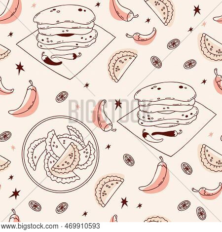 Seamless Pattern With Mexican Empanadas And Corn Tortillas With Chili Peppers On Background With Lim