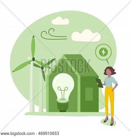 Sustainability Vector Flat Illustration. Esg, Green Energy, Sustainable Industry With Windmills. Env
