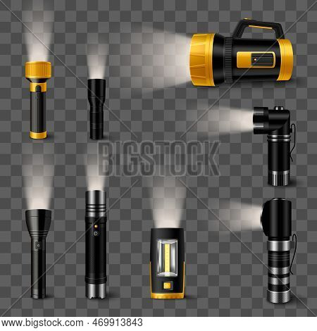 Led Flashlights With Light Beam Realistic Set On Transparent Background Isolated Vector Illustration