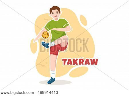Sepak Takraw Illustration With Athlete Playing Kick Ball On Court In Flat Sports Game Competition Ca