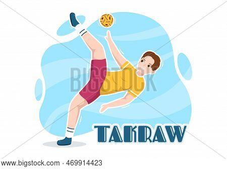 Sepak Takraw Illustration With Athlete Playing Kick Ball On Court In Flat Sports Game Competition Ca