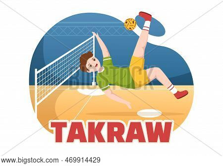 Sepak Takraw Illustration With Athlete Playing Kick Ball On Court In Flat Sports Game Competition Ca