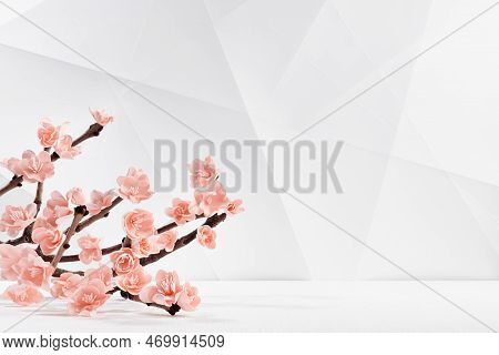 Valentines Day Spring Floral Background With Branch Pink Sakura On White Wood Table, Abstract Geomet