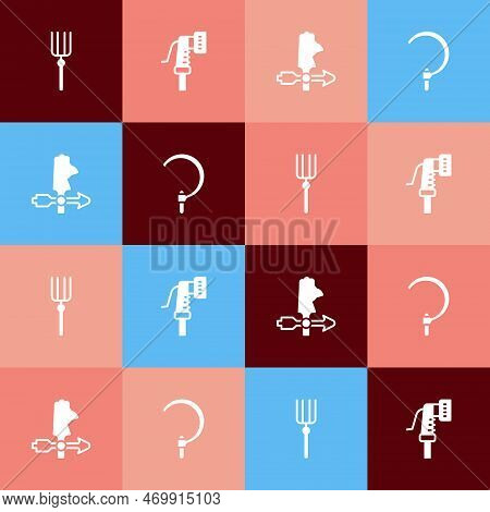 Set Pop Art Garden Pitchfork, Hose, Rooster Weather Vane And Sickle Icon. Vector