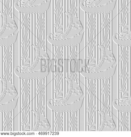 Sailing Ships Emboss 3d White Seamless Pattern. Greek Surface Textured Borders Background. Embossed 