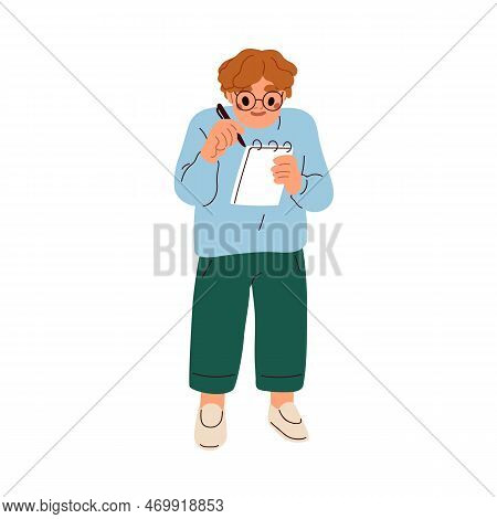 Boy Nerd In Glasses. Smart Kid In Eyeglasses, Writing, Taking Notes In Notepad. Interested Enthusias