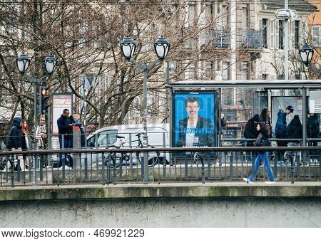 Strasbourg, France - 31 January 2023: Advertising On Tramway Station For Stephane Plaza Show On Fren