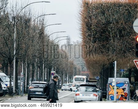 Strasbourg, France - 31 January 2023: Perspective View Over All. De La Robertsau Avenue In Strasbour