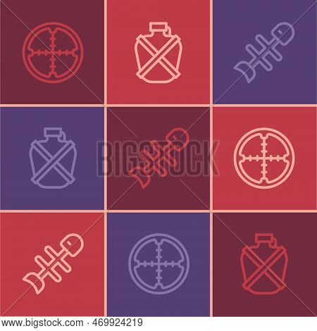 Set Line Sniper Optical Sight, Dead Fish And Canteen Water Bottle Icon. Vector