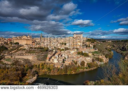 Toledo, Spain - Nov 30, 2022: Old City With Its Alcazar, Royal Palace Over The Tagus River Sinuosity