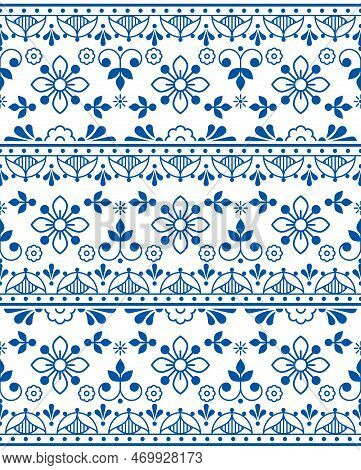 Scandinavian Folk Art Outline Vector Seamless Texttile Or Fabric Print Pattern, Navy Blue Retro Desi