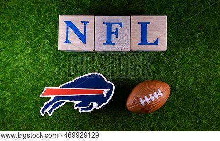 January 27, 2023, Canton, Usa. The Logo Of The Buffalo Bills Football Club On The Green Lawn Of The 