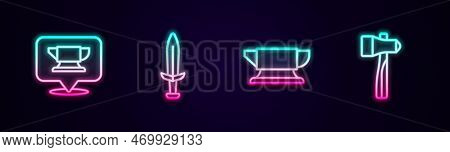 Set Line Blacksmith Anvil Tool, Medieval Sword, And Hammer. Glowing Neon Icon. Vector