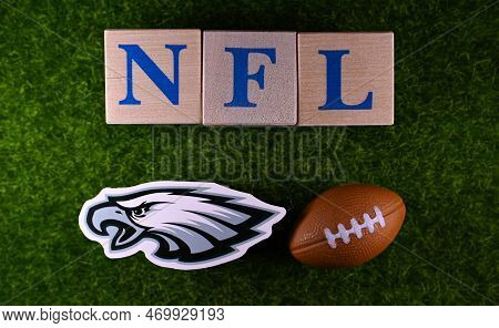 January 27, 2023, Canton, Usa. The Emblem Of The Philadelphia Eagles Football Club On The Green Lawn