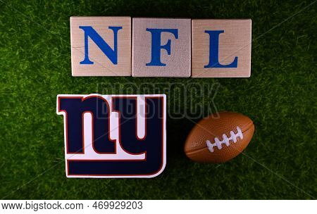 January 27, 2023, Canton, Usa. The Emblem Of The New York Giants Football Club On The Green Lawn Of 