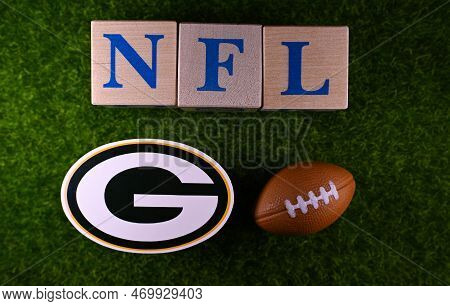 January 27, 2023, Canton, Usa. The Emblem Of The Green Bay Packers Football Club On The Green Lawn O