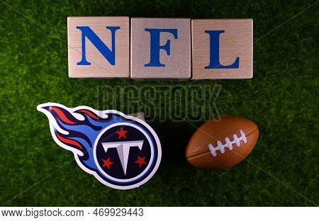 January 27, 2023, Canton, Usa. The Emblem Of The Tennessee Titans Football Club On The Green Lawn Of