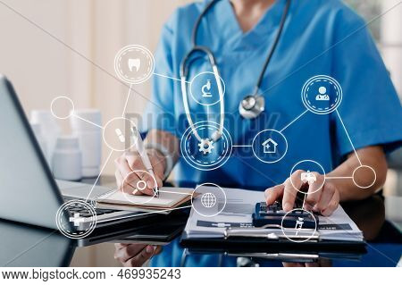Edicine Doctor And Stethoscope Using Tablet With Icon Medical Network Connection On Virtual Modern M