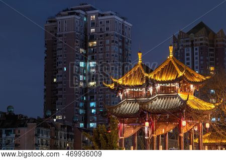 Hejiang Pagoda Illuminated At Night In Chengdu, Sichuan Province, China