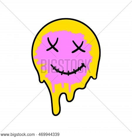 Acid Smile Face. Melted Rave And Techno Symbol Of 90s. Pink Brush Stroke