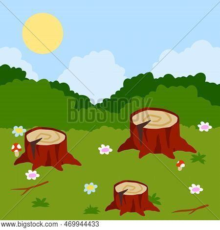 Stump In Forest Meadow. Green Field With Grass. Background For Child Drawing. Summer Nature. Funny S