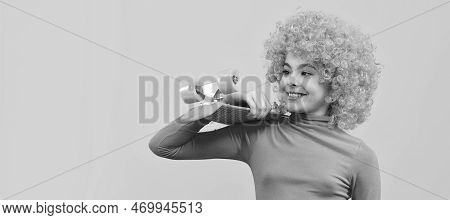 Enjoying Vibes On Pennyboard. Happy Kid Hold Pennyboard. Funky Girl Skater. Funny Teenager Child On 